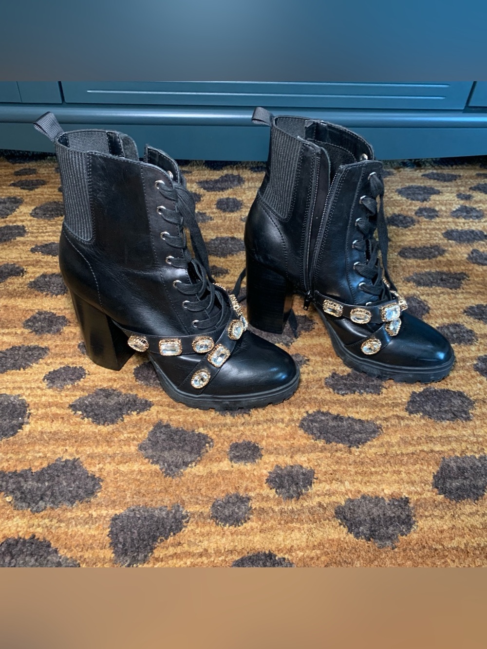 Steve Madden Black Lace-Up Block Heel Ankle Boots with Jewel Strap Size 10